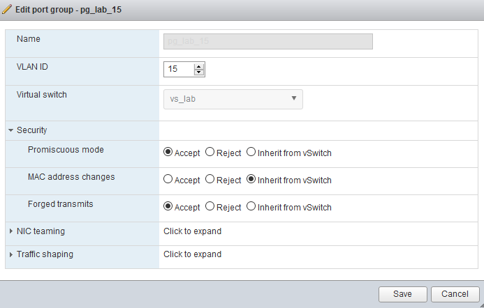 Port group security settings.